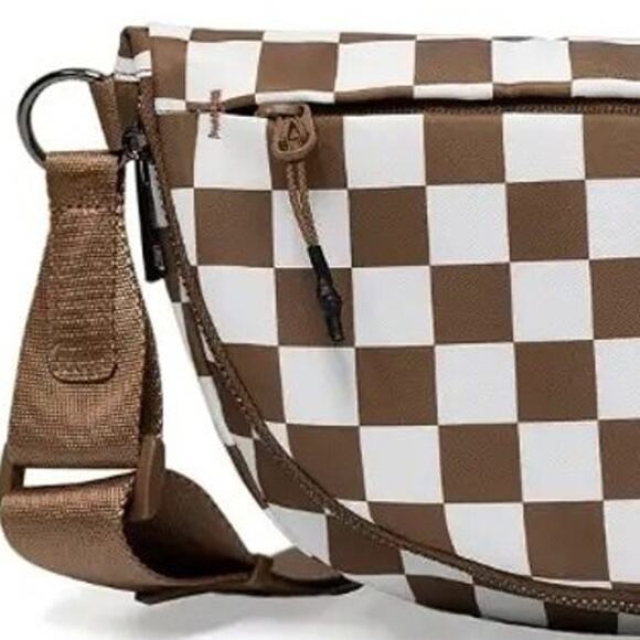 Checkered Nylon Fanny Pack Sling Bags Brown White - Picture 3 of 3